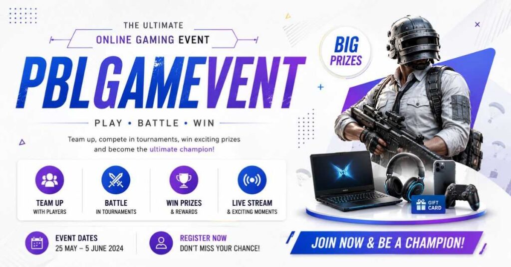 **Alt Text:**
PBLGameEvent virtual gaming arena with online esports battles and rewards
