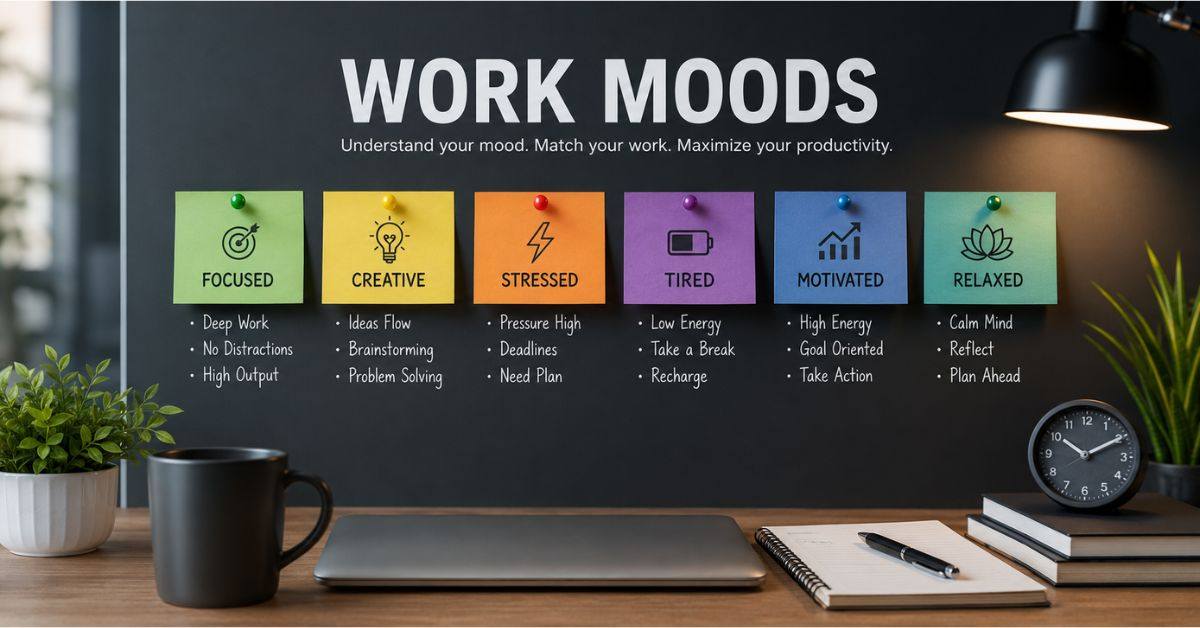 Creative office discussion about work moods, teamwork, focus, and productivity growth