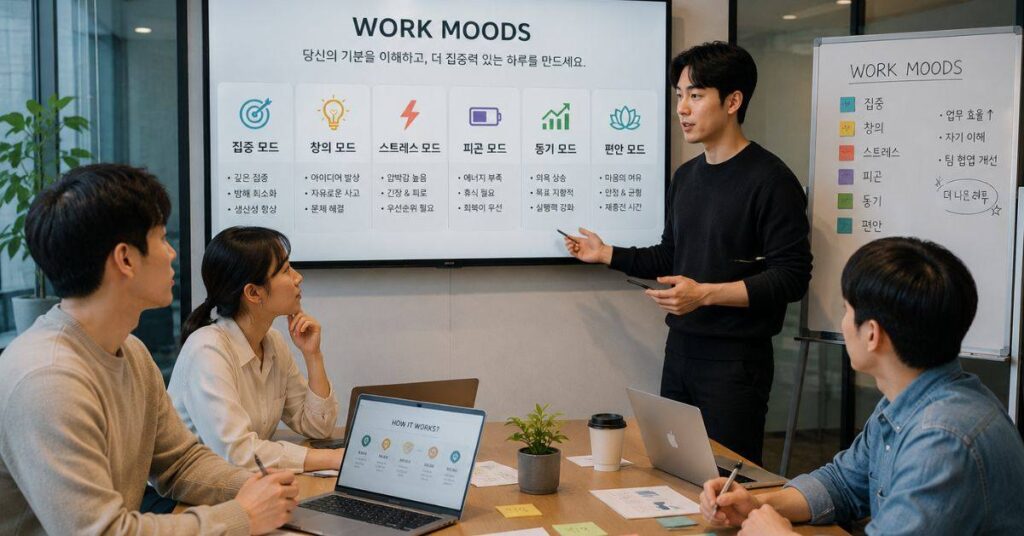 Professional team meeting discussing work moods and productivity strategies at office
