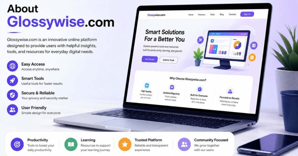 Dark office workspace featuring Glossywise.com smart productivity dashboard