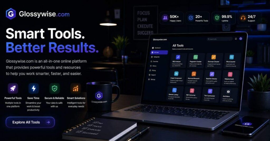 Modern Glossywise.com dashboard with smart online tools and dark workspace