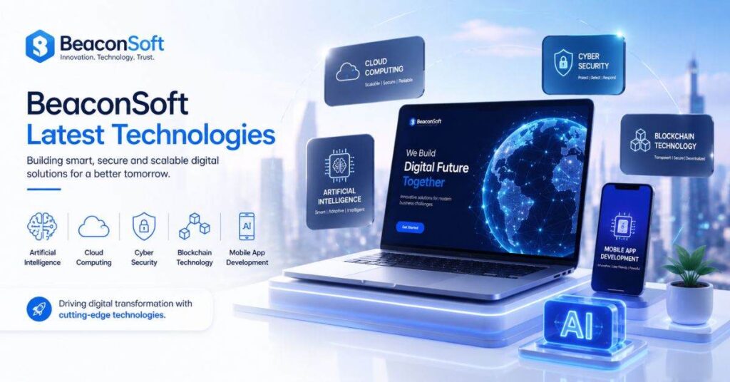 **Alt Text (80 characters):**
BeaconSoft latest technology banner with AI, cloud, cyber security tech