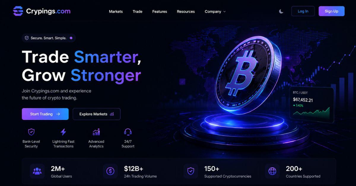 Futuristic cryptocurrency analytics interface for Crypings.com with AI tools