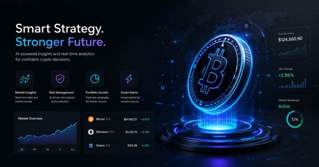 Futuristic cryptocurrency analytics interface for Crypings.com with AI tools