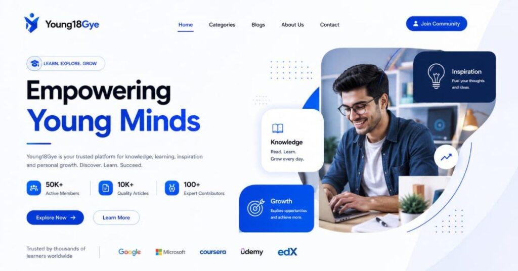 Modern Younj18gye website banner with digital learning and career resources design
