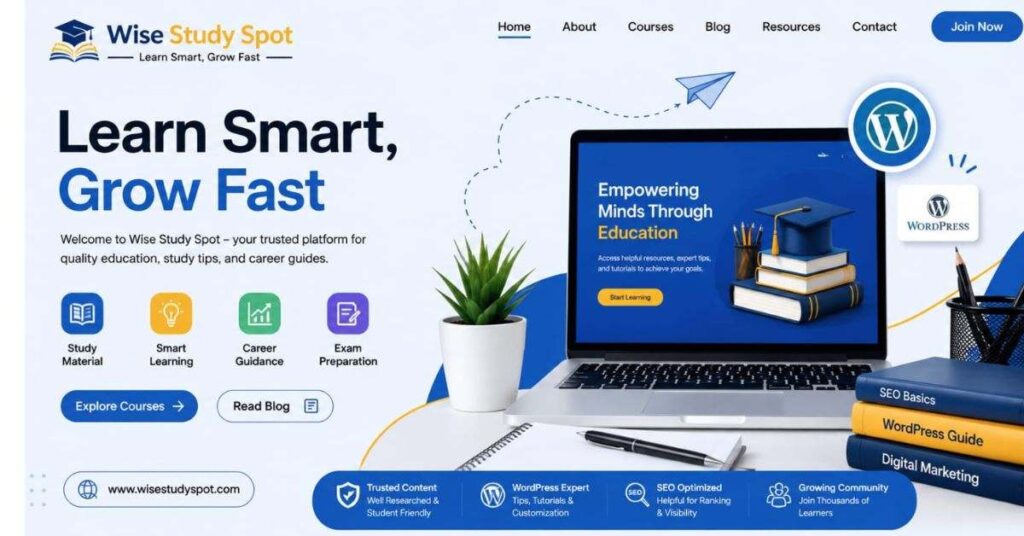 WordPress Wisestudyspot com blog guide with SEO tips and tutorials