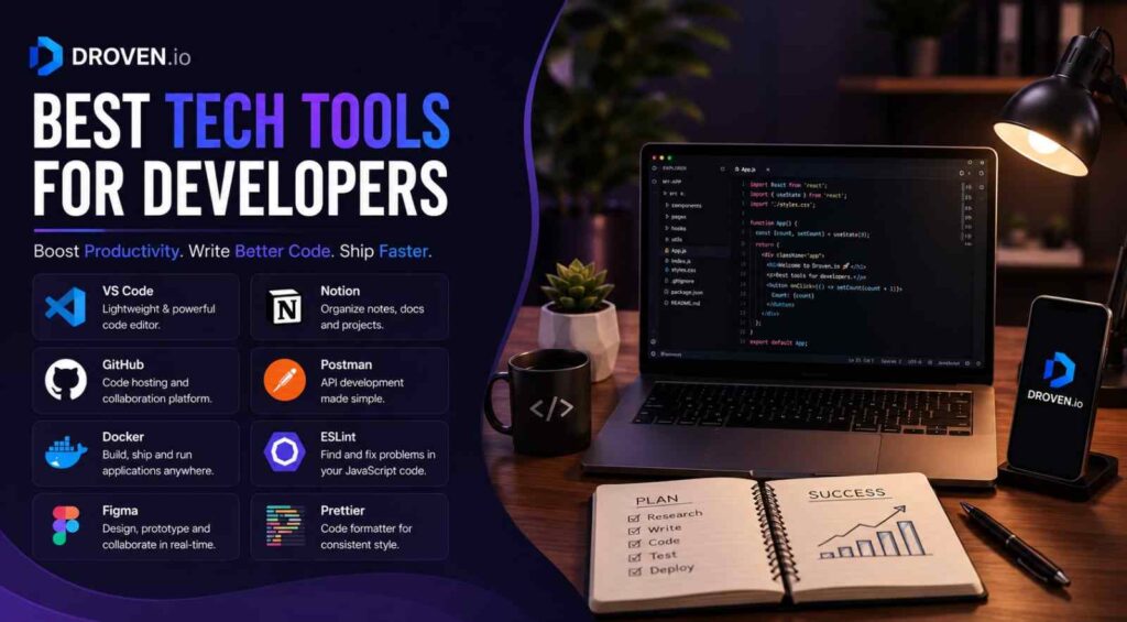 Droven.io developer toolkit banner with modern coding setup and AI tools