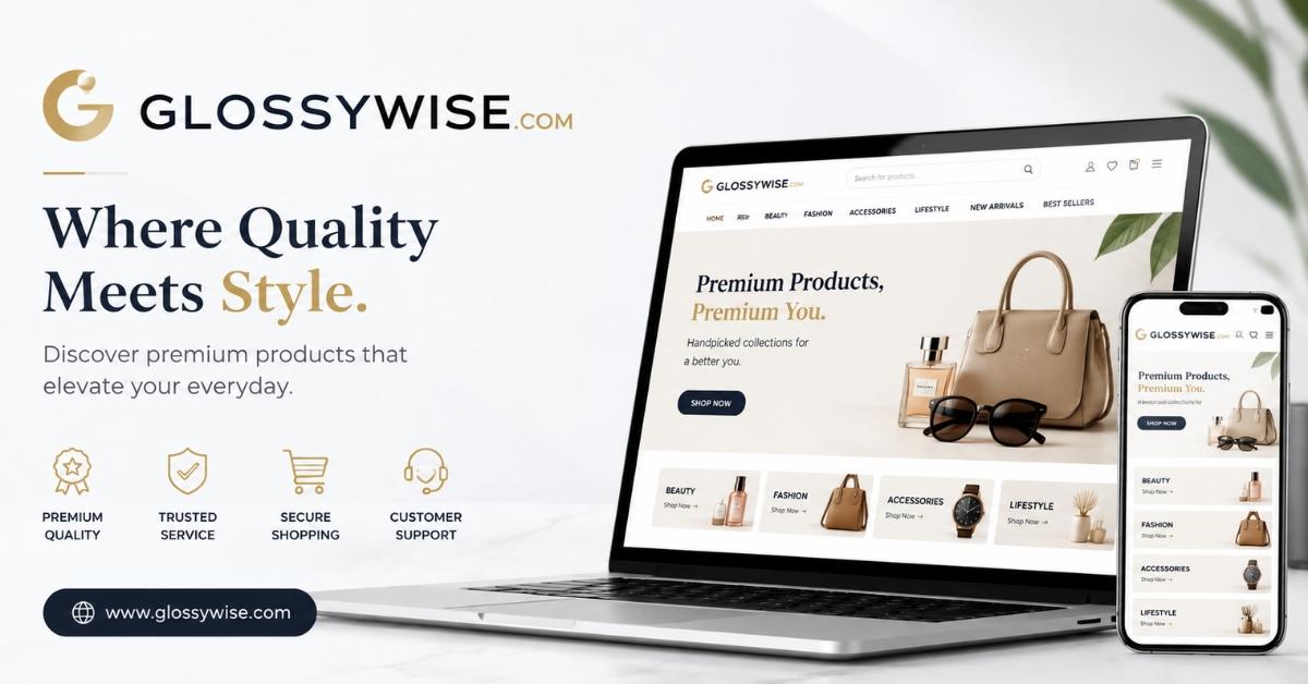 Glossywise.com smart tools dashboard in modern dark office workspace banner