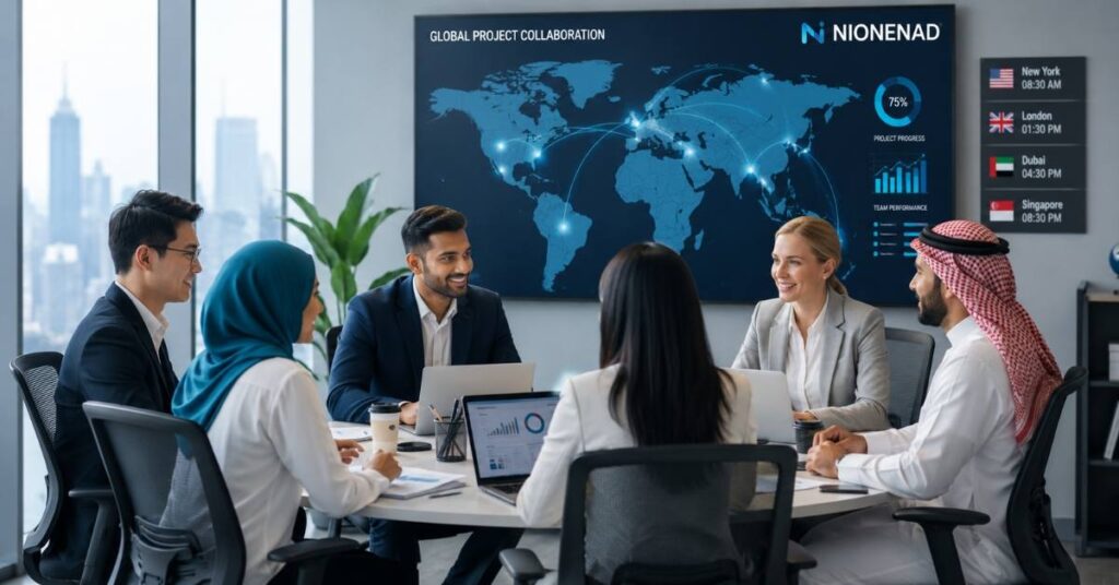 NIONENAD modern global team collaboration in futuristic corporate office